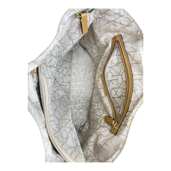 Calvin Klein Logo Print White Gold Stripe Large Tote Handbag Purse - Picture 6 of 8